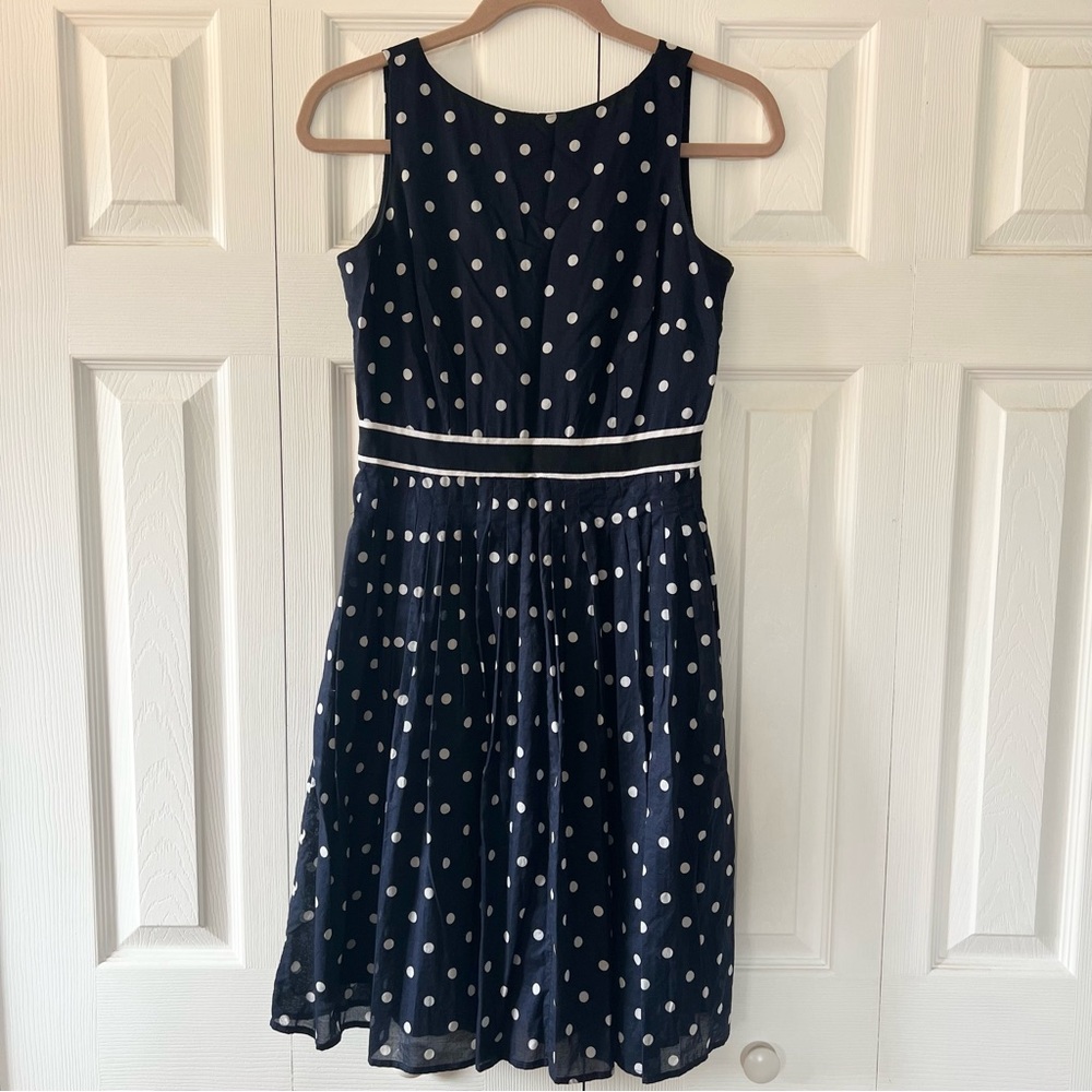 Talbots A-Line Pleated Cotton Fit and Flare Navy White Polka Dot Dress size 6P